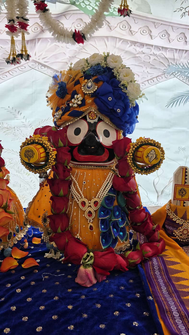 Close darśana of Lord Jagannātha adorned with flowers