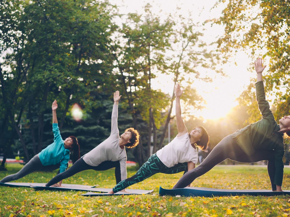 A group practising yoga together in a park at sunset